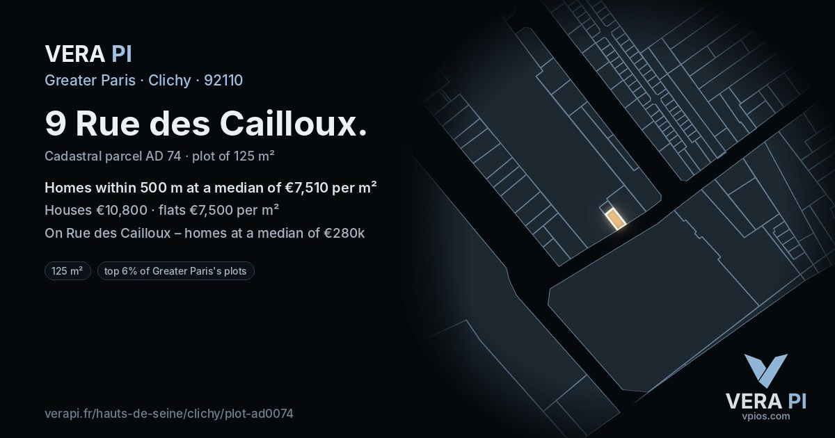 9 Rue des Cailloux, Clichy at night – the plot lit, the parcels around coloured by the prices near them