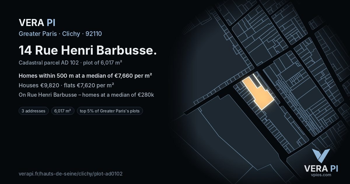14 Rue Henri Barbusse, Clichy at night – the plot lit, the parcels around coloured by the prices near them