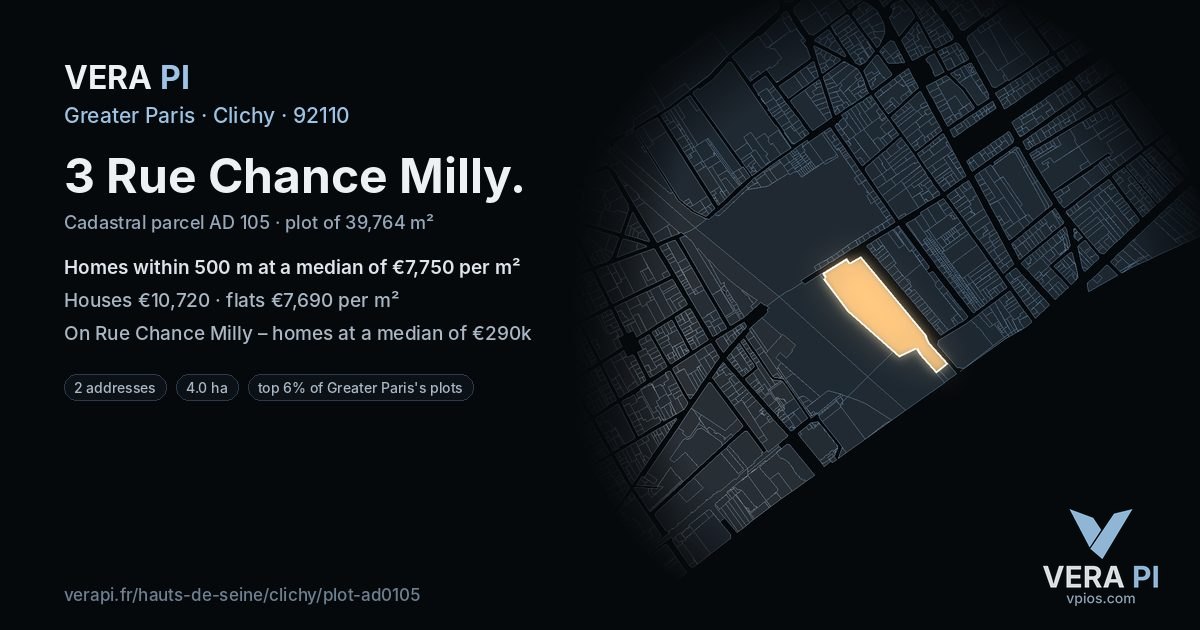 3 Rue Chance Milly, Clichy at night – the plot lit, the parcels around coloured by the prices near them