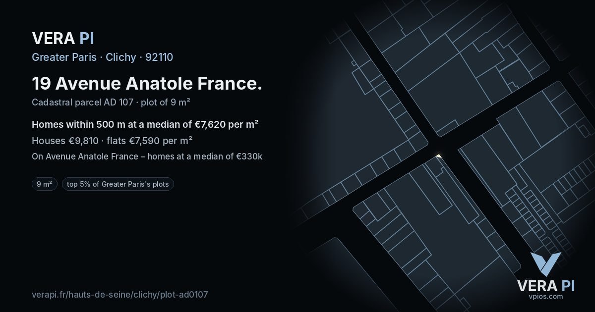19 Avenue Anatole France, Clichy at night – the plot lit, the parcels around coloured by the prices near them