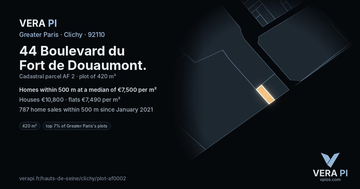 44 Boulevard du Fort de Douaumont, Clichy at night – the plot lit, the parcels around coloured by the prices near them