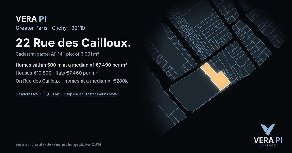 22 Rue des Cailloux, Clichy at night – the plot lit, the parcels around coloured by the prices near them