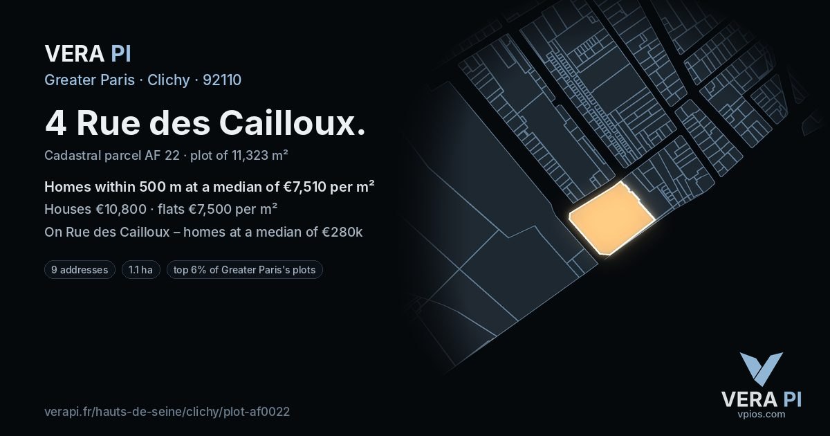4 Rue des Cailloux, Clichy at night – the plot lit, the parcels around coloured by the prices near them