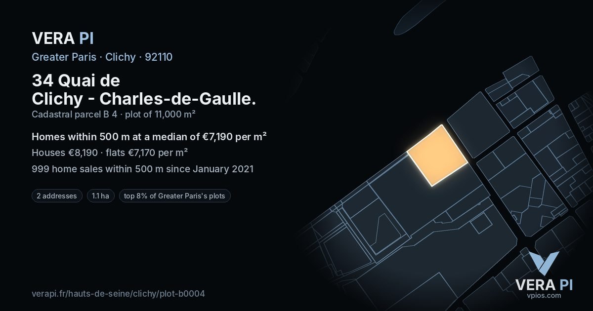 34 Quai de Clichy - Charles-de-Gaulle, Clichy at night – the plot lit, the parcels around coloured by the prices near them