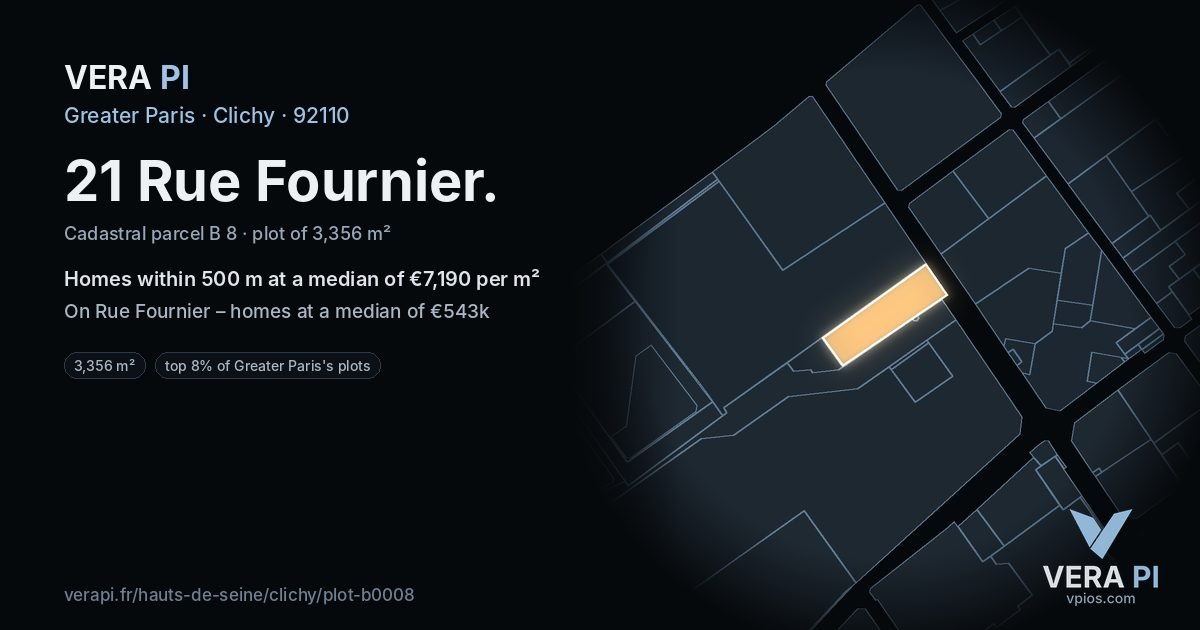 21 Rue Fournier, Clichy at night – the plot lit, the parcels around coloured by the prices near them