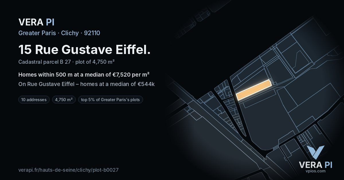 15 Rue Gustave Eiffel, Clichy at night – the plot lit, the parcels around coloured by the prices near them