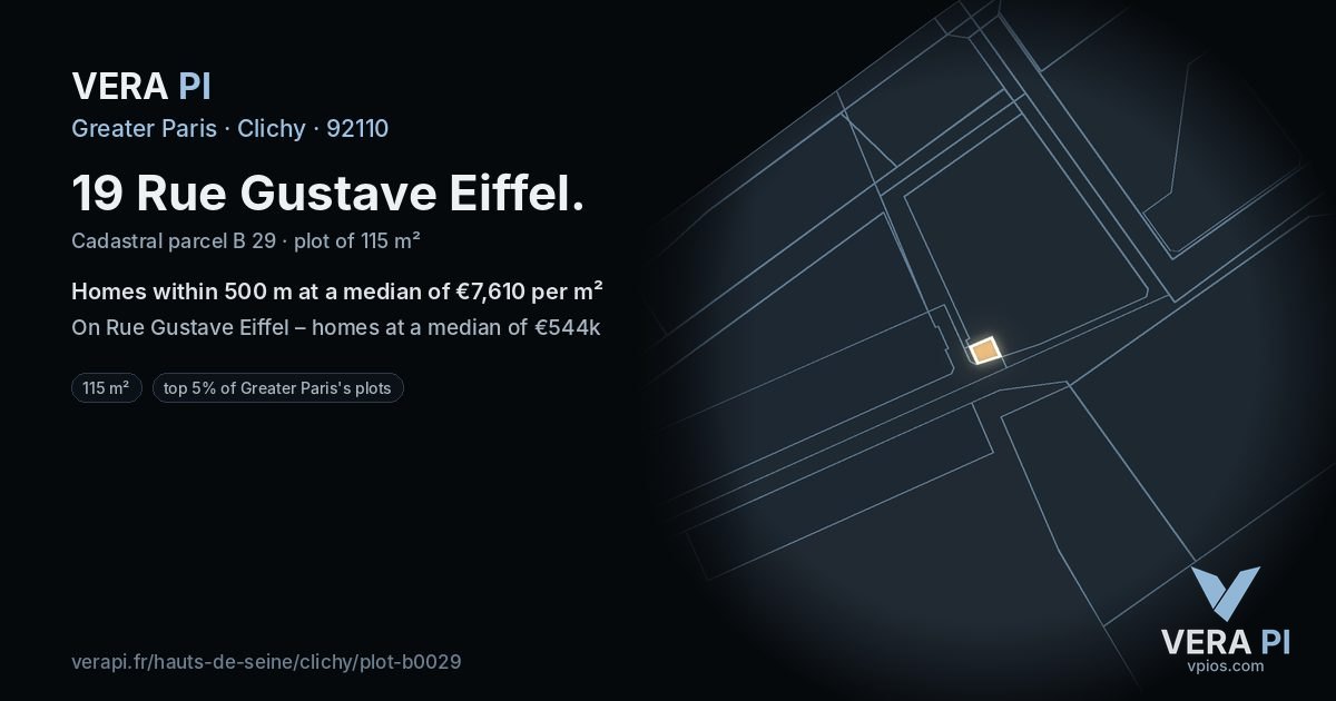19 Rue Gustave Eiffel, Clichy at night – the plot lit, the parcels around coloured by the prices near them