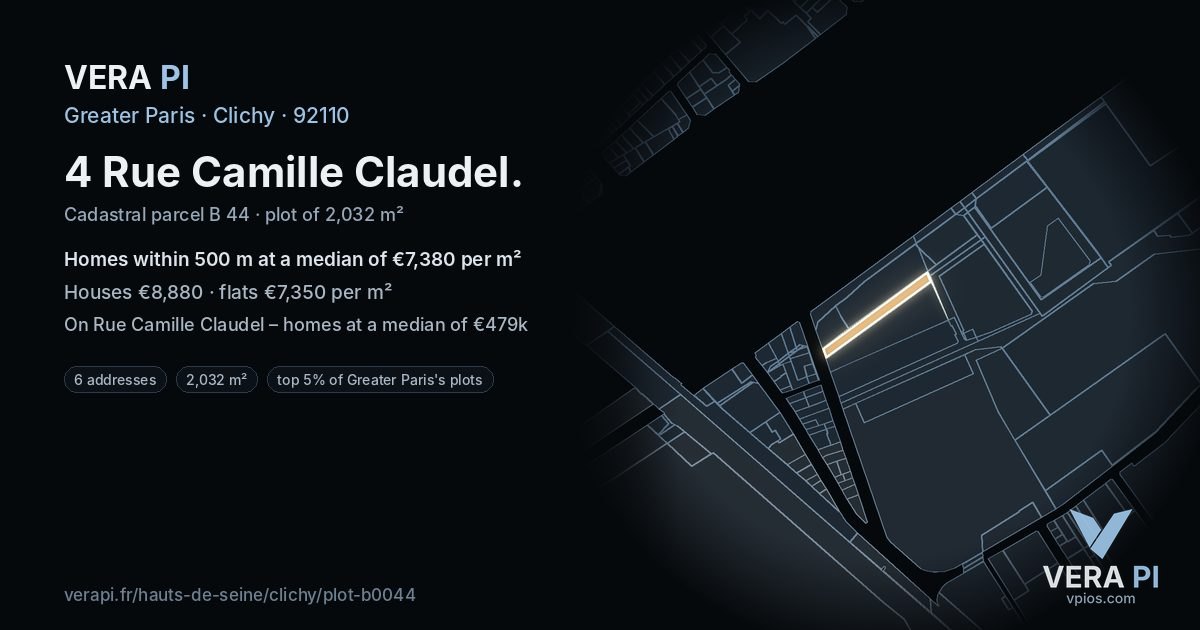 4 Rue Camille Claudel, Clichy at night – the plot lit, the parcels around coloured by the prices near them