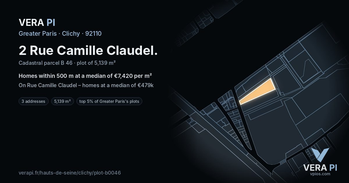 2 Rue Camille Claudel, Clichy at night – the plot lit, the parcels around coloured by the prices near them