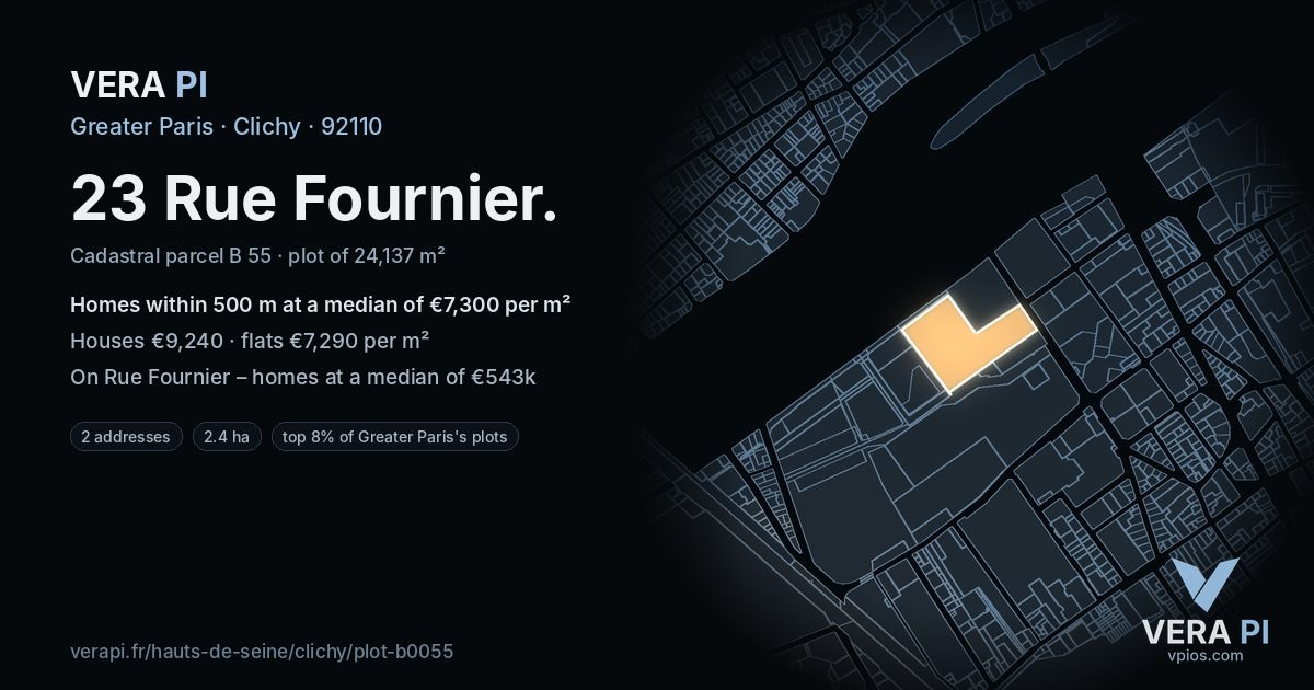 23 Rue Fournier, Clichy at night – the plot lit, the parcels around coloured by the prices near them