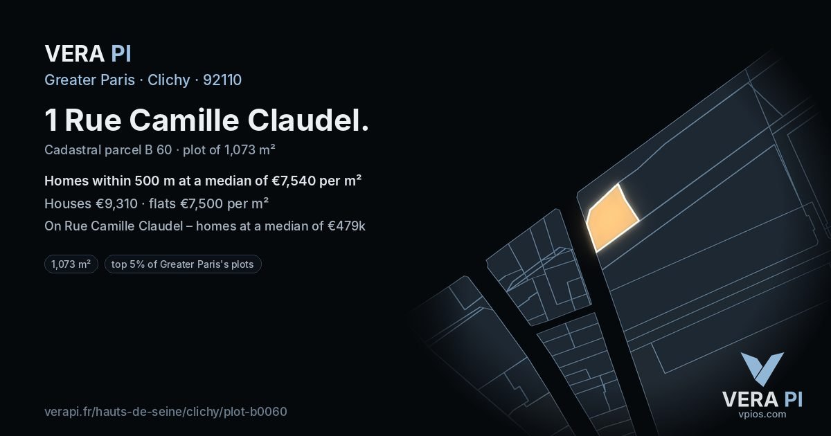 1 Rue Camille Claudel, Clichy at night – the plot lit, the parcels around coloured by the prices near them