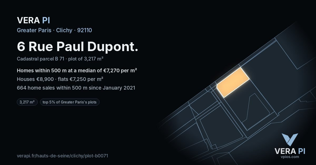 6 Rue Paul Dupont, Clichy at night – the plot lit, the parcels around coloured by the prices near them