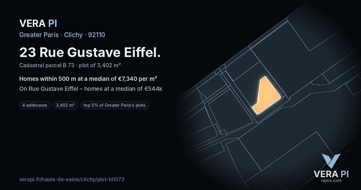 23 Rue Gustave Eiffel, Clichy at night – the plot lit, the parcels around coloured by the prices near them