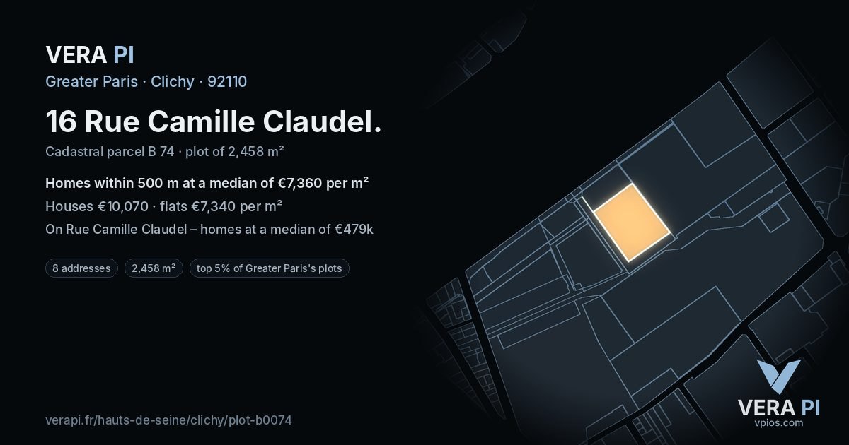 16 Rue Camille Claudel, Clichy at night – the plot lit, the parcels around coloured by the prices near them