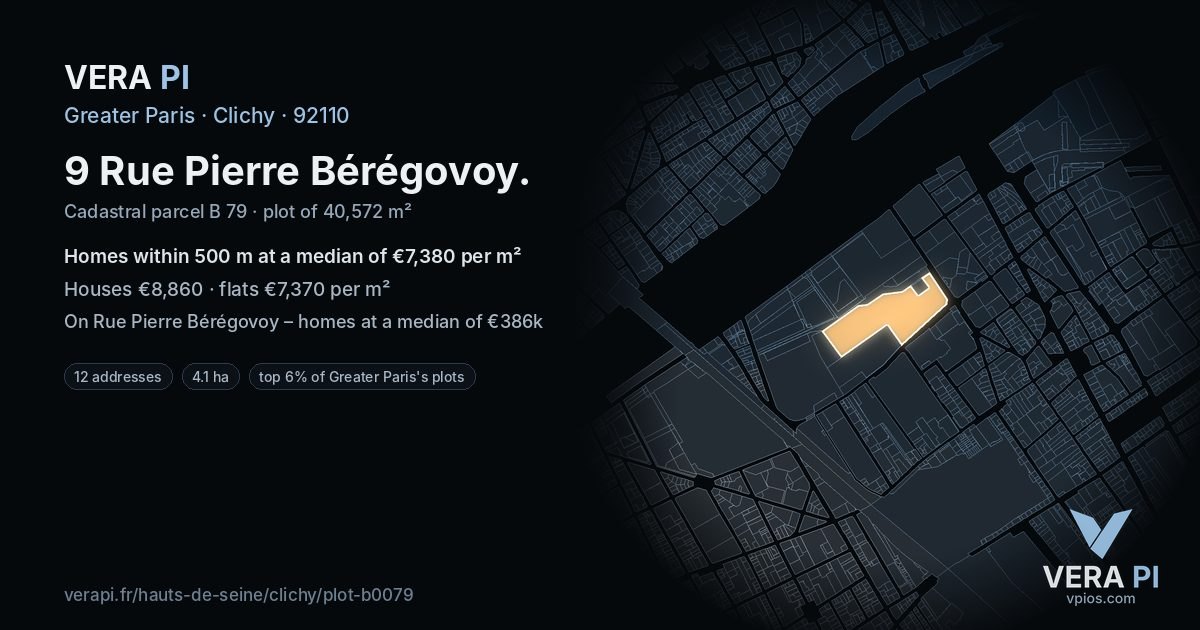 9 Rue Pierre Bérégovoy, Clichy at night – the plot lit, the parcels around coloured by the prices near them