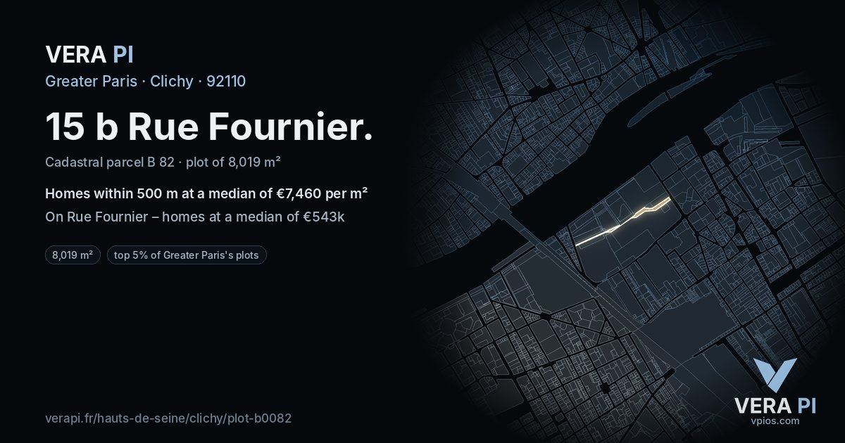 15 b Rue Fournier, Clichy at night – the plot lit, the parcels around coloured by the prices near them