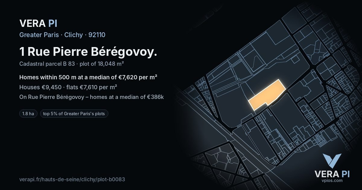 1 Rue Pierre Bérégovoy, Clichy at night – the plot lit, the parcels around coloured by the prices near them