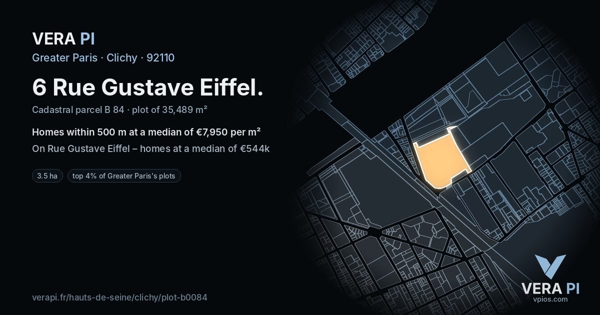6 Rue Gustave Eiffel, Clichy at night – the plot lit, the parcels around coloured by the prices near them