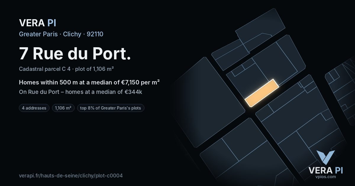 7 Rue du Port, Clichy at night – the plot lit, the parcels around coloured by the prices near them