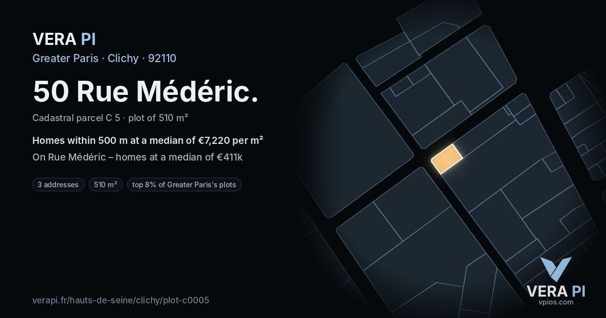 50 Rue Médéric, Clichy at night – the plot lit, the parcels around coloured by the prices near them