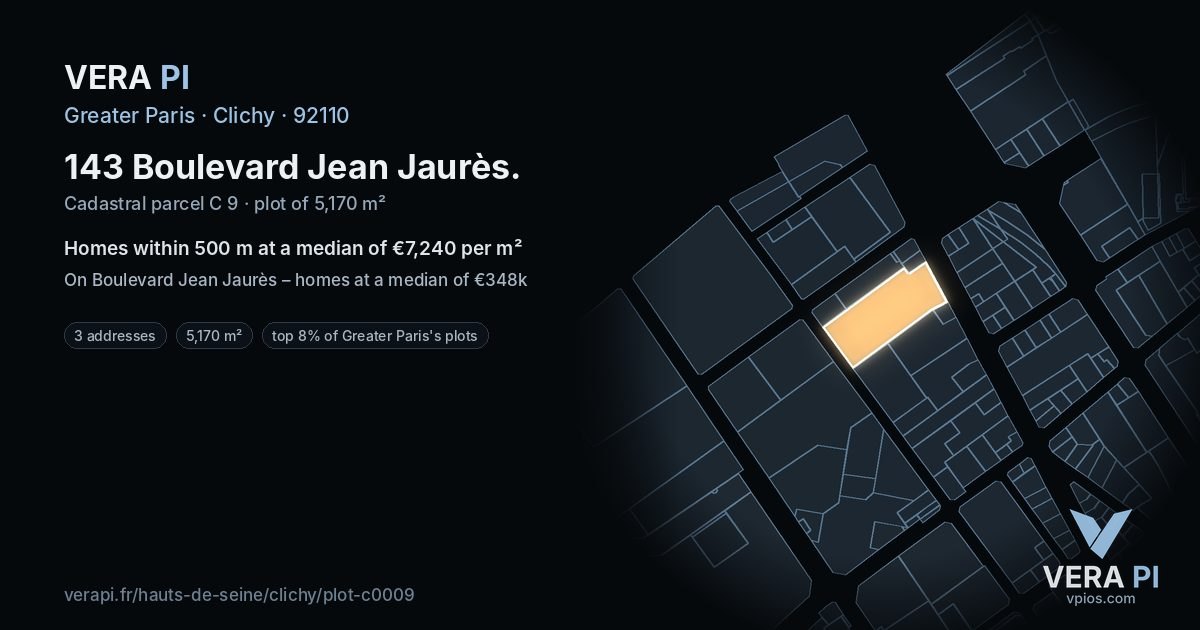 143 Boulevard Jean Jaurès, Clichy at night – the plot lit, the parcels around coloured by the prices near them