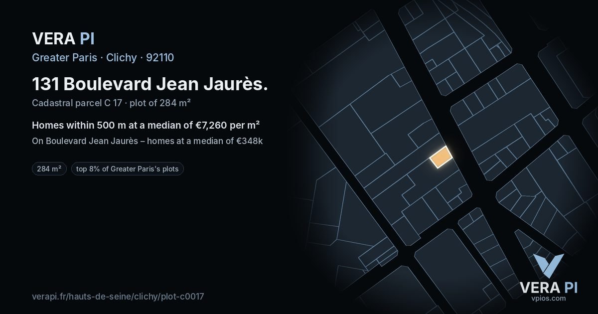 131 Boulevard Jean Jaurès, Clichy at night – the plot lit, the parcels around coloured by the prices near them