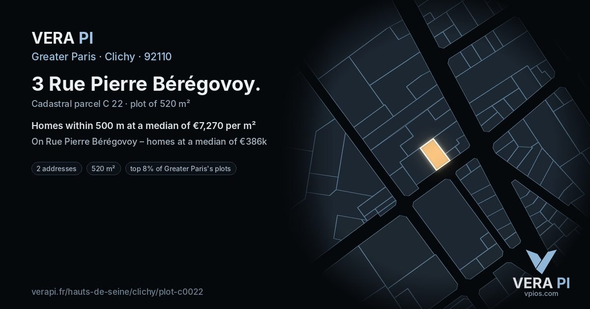 3 Rue Pierre Bérégovoy, Clichy at night – the plot lit, the parcels around coloured by the prices near them