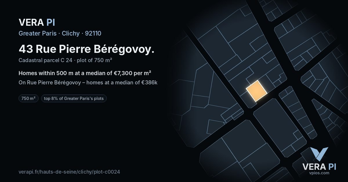 43 Rue Pierre Bérégovoy, Clichy at night – the plot lit, the parcels around coloured by the prices near them