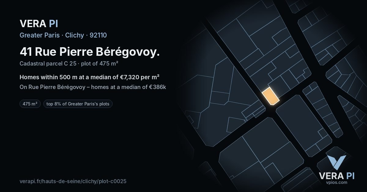 41 Rue Pierre Bérégovoy, Clichy at night – the plot lit, the parcels around coloured by the prices near them