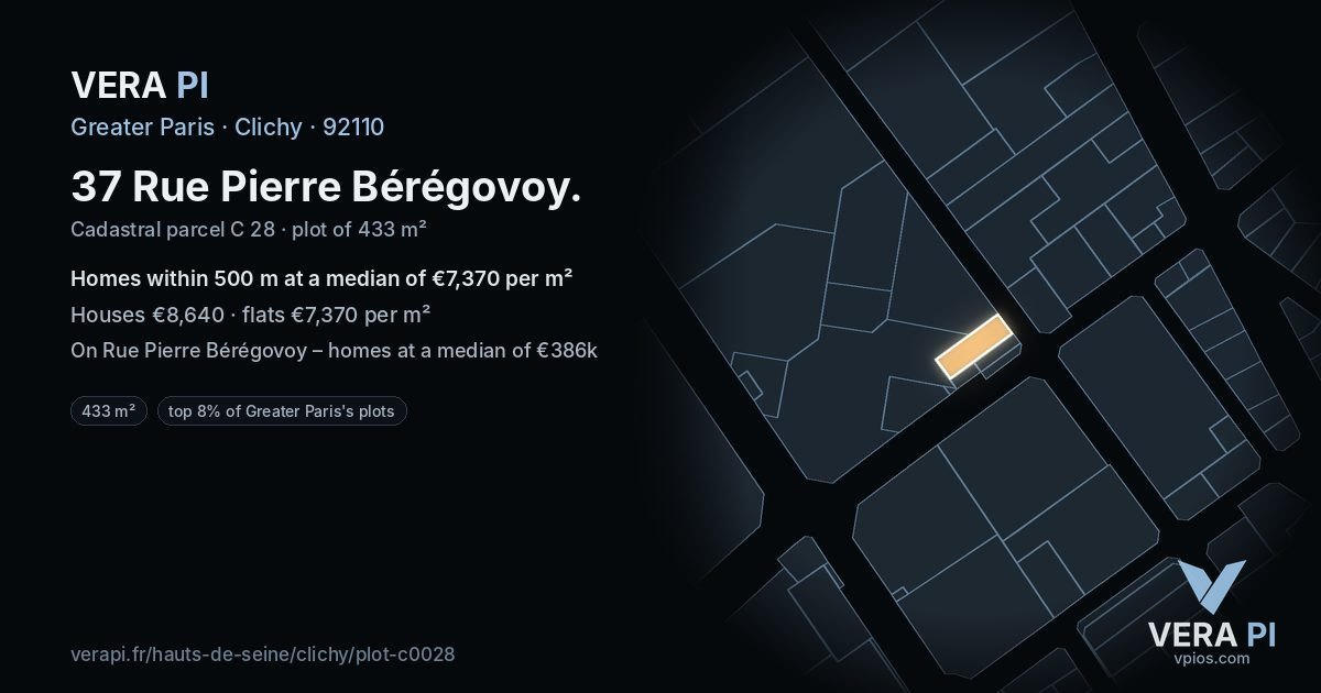 37 Rue Pierre Bérégovoy, Clichy at night – the plot lit, the parcels around coloured by the prices near them