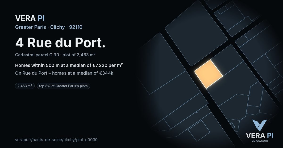 4 Rue du Port, Clichy at night – the plot lit, the parcels around coloured by the prices near them