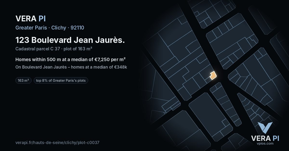 123 Boulevard Jean Jaurès, Clichy at night – the plot lit, the parcels around coloured by the prices near them