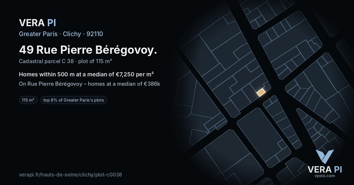 49 Rue Pierre Bérégovoy, Clichy at night – the plot lit, the parcels around coloured by the prices near them