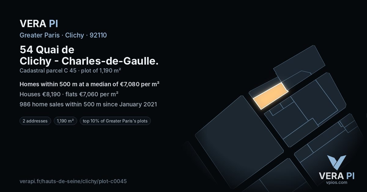 54 Quai de Clichy - Charles-de-Gaulle, Clichy at night – the plot lit, the parcels around coloured by the prices near them