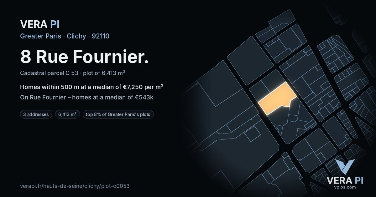 8 Rue Fournier, Clichy at night – the plot lit, the parcels around coloured by the prices near them