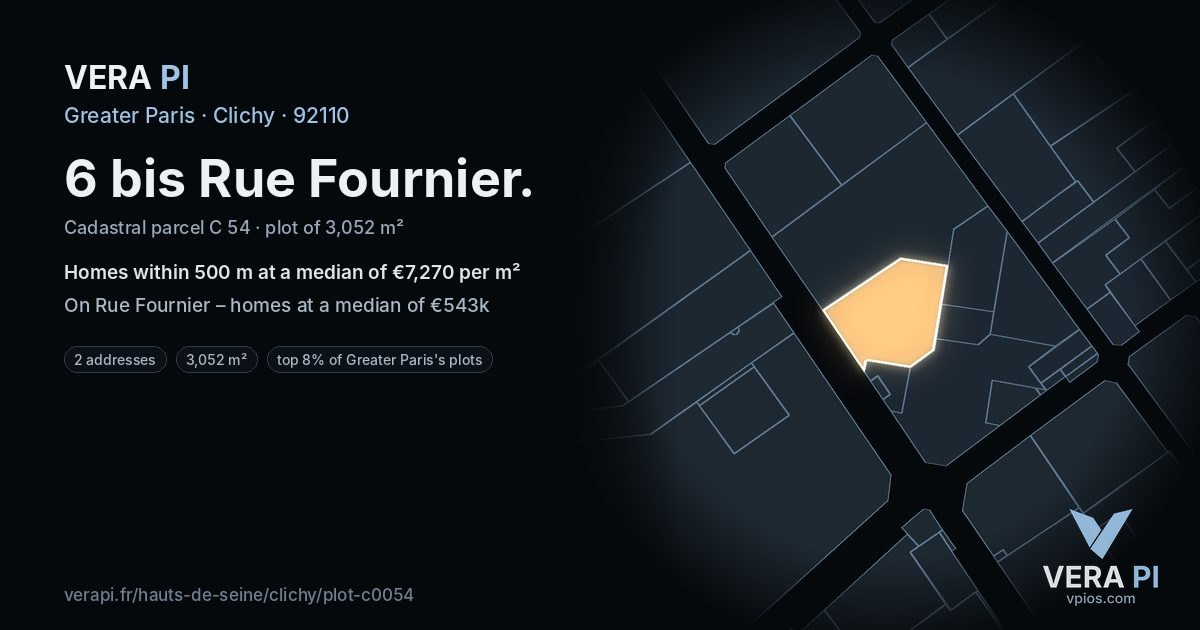 6 bis Rue Fournier, Clichy at night – the plot lit, the parcels around coloured by the prices near them