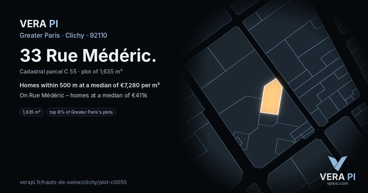 33 Rue Médéric, Clichy at night – the plot lit, the parcels around coloured by the prices near them
