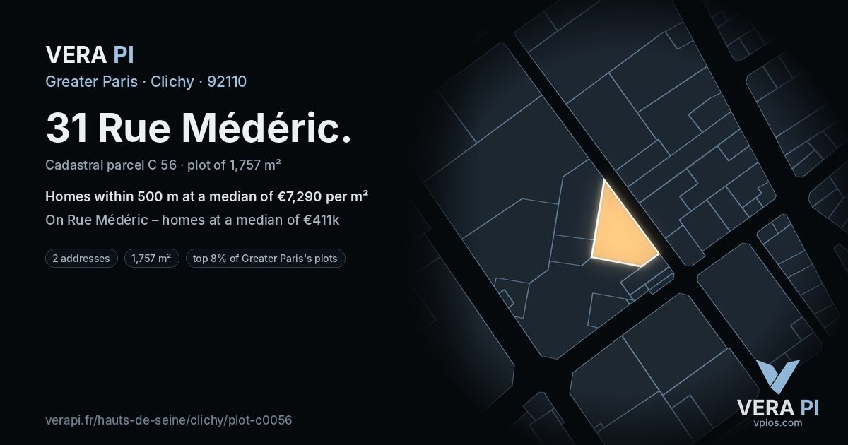 31 Rue Médéric, Clichy at night – the plot lit, the parcels around coloured by the prices near them