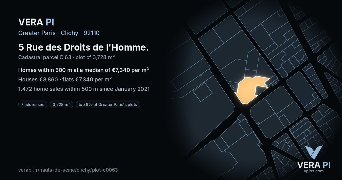 5 Rue des Droits de l'Homme, Clichy at night – the plot lit, the parcels around coloured by the prices near them