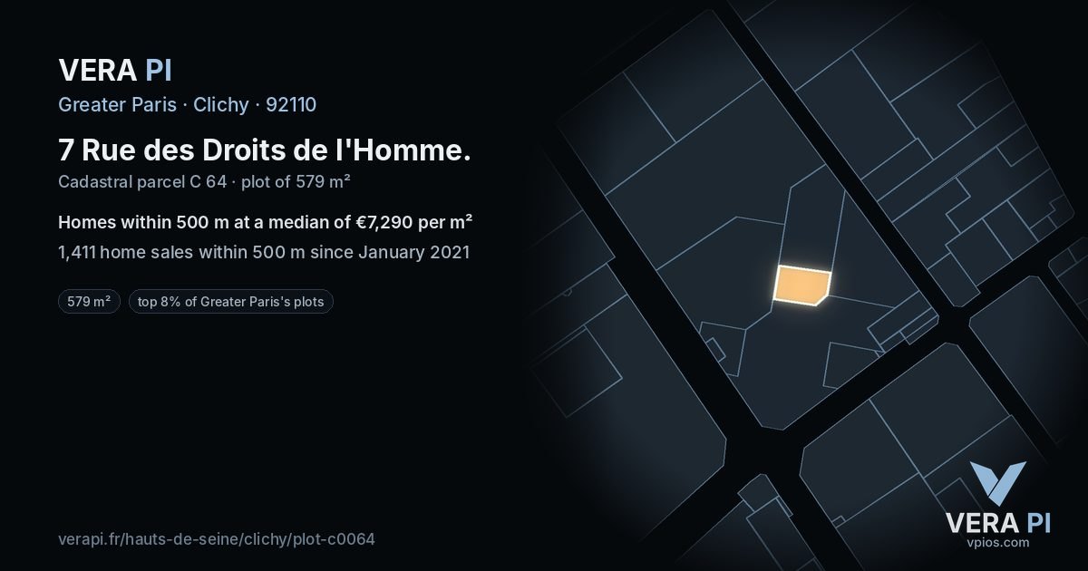 7 Rue des Droits de l'Homme, Clichy at night – the plot lit, the parcels around coloured by the prices near them