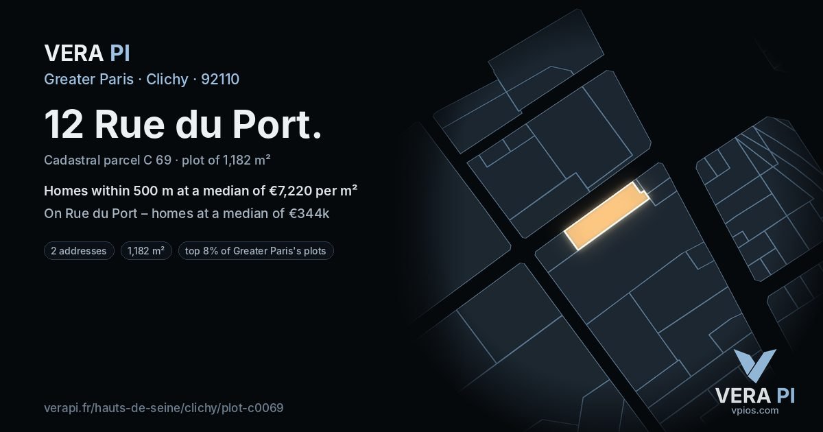 12 Rue du Port, Clichy at night – the plot lit, the parcels around coloured by the prices near them