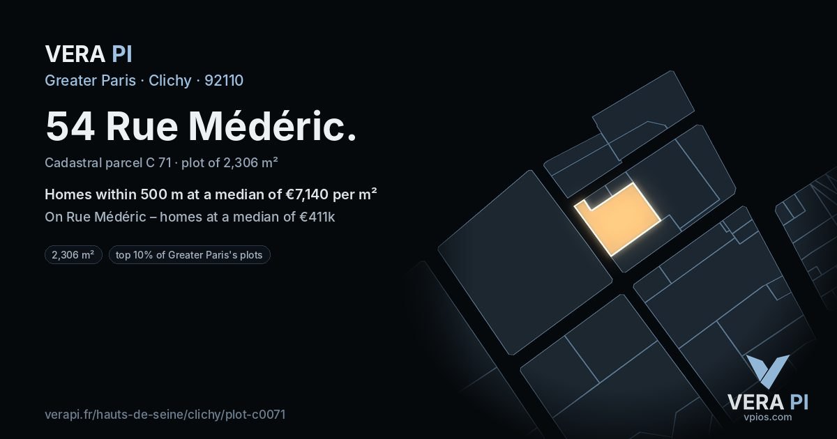 54 Rue Médéric, Clichy at night – the plot lit, the parcels around coloured by the prices near them