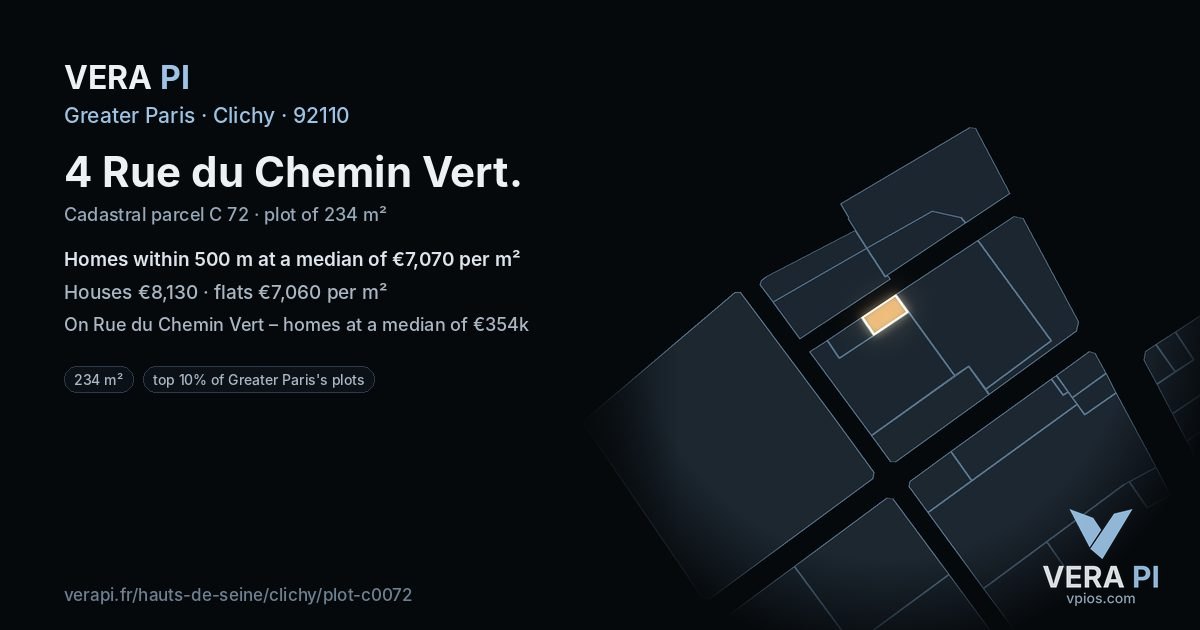 4 Rue du Chemin Vert, Clichy at night – the plot lit, the parcels around coloured by the prices near them