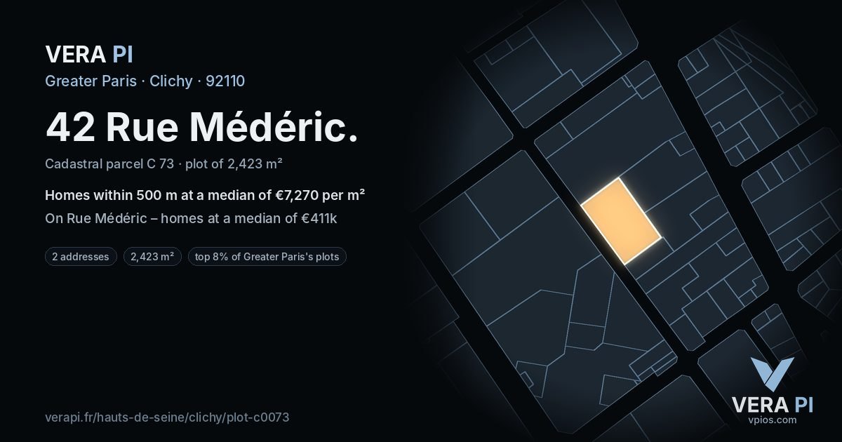 42 Rue Médéric, Clichy at night – the plot lit, the parcels around coloured by the prices near them