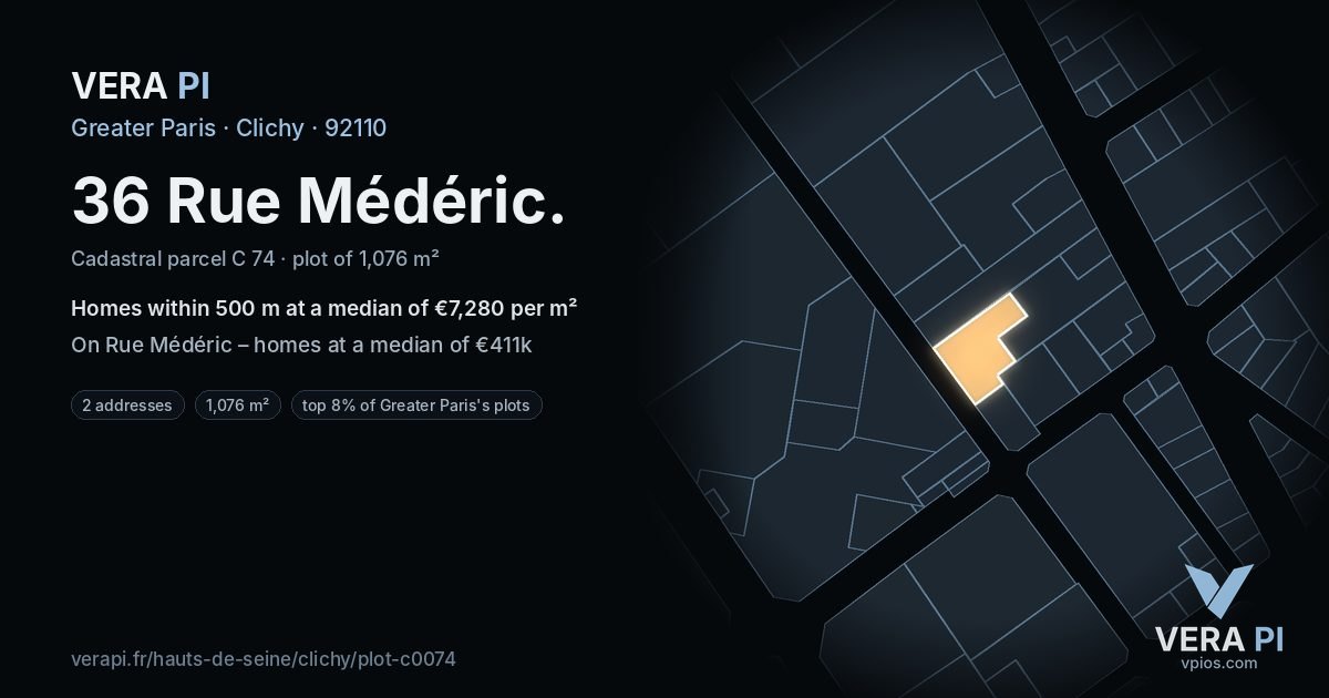 36 Rue Médéric, Clichy at night – the plot lit, the parcels around coloured by the prices near them