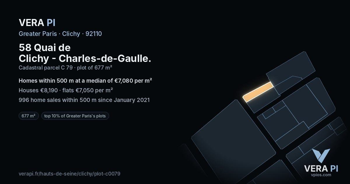 58 Quai de Clichy - Charles-de-Gaulle, Clichy at night – the plot lit, the parcels around coloured by the prices near them