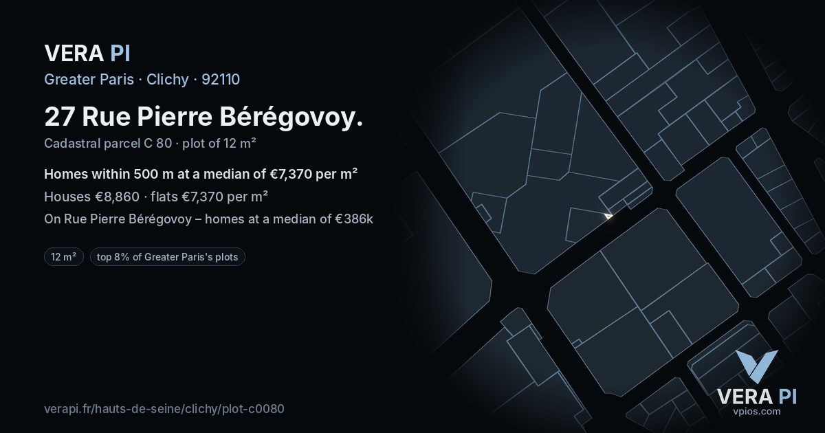 27 Rue Pierre Bérégovoy, Clichy at night – the plot lit, the parcels around coloured by the prices near them