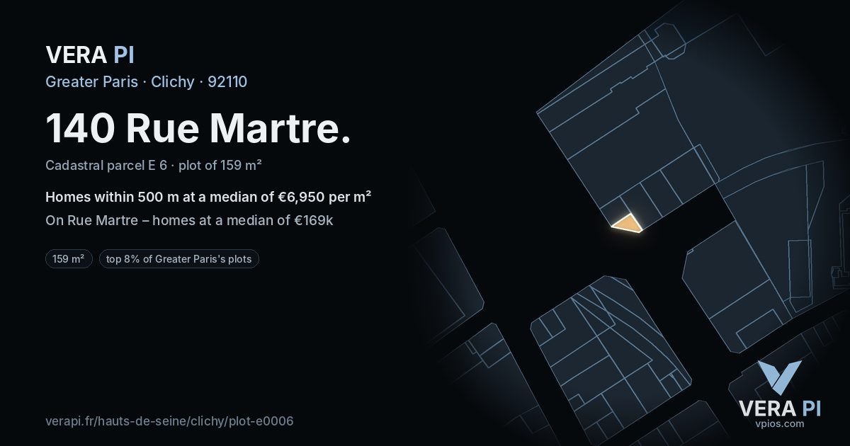 140 Rue Martre, Clichy at night – the plot lit, the parcels around coloured by the prices near them