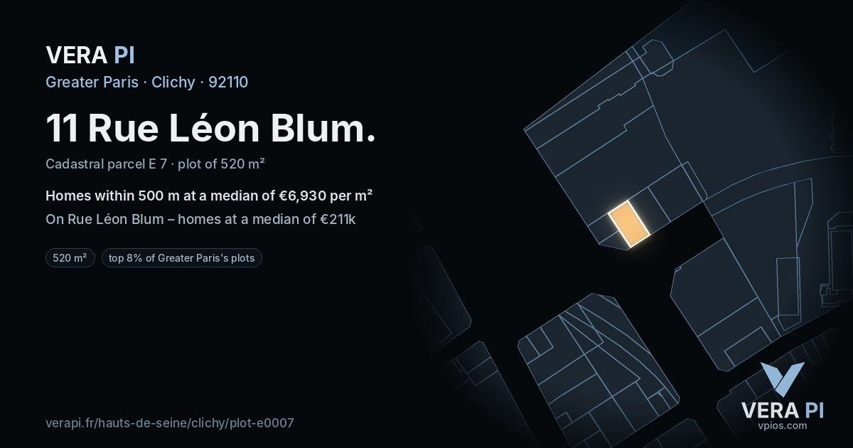 11 Rue Léon Blum, Clichy at night – the plot lit, the parcels around coloured by the prices near them