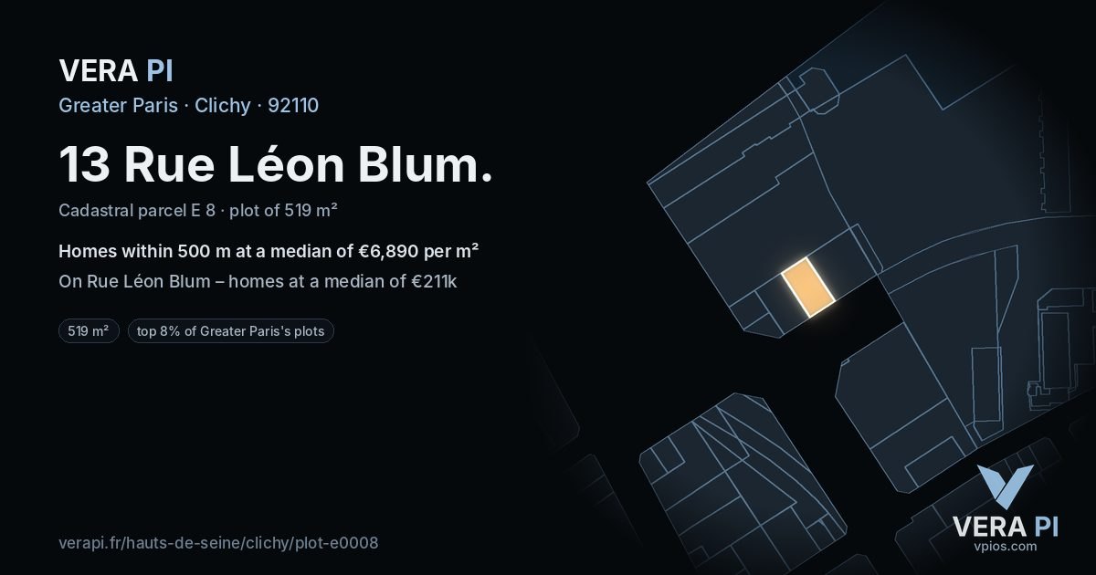 13 Rue Léon Blum, Clichy at night – the plot lit, the parcels around coloured by the prices near them